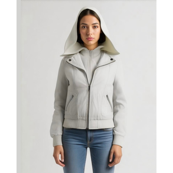 New Look Jacket Sm White Faux Leather Detachachable Hoodie Underneath Motocore - Picture 1 of 16